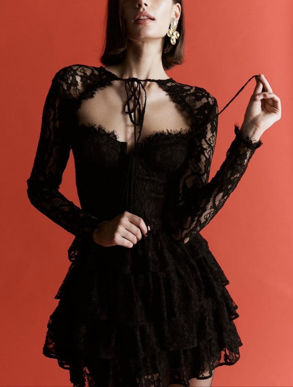 🆕️ The New Arrivals by Ilkyaz Ozel Lace Carmen Ruffle Corset Mini Dress FR 34